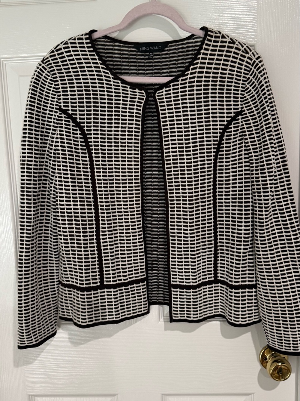 Ming Wang Brown & White Grid Open-Front Jacket